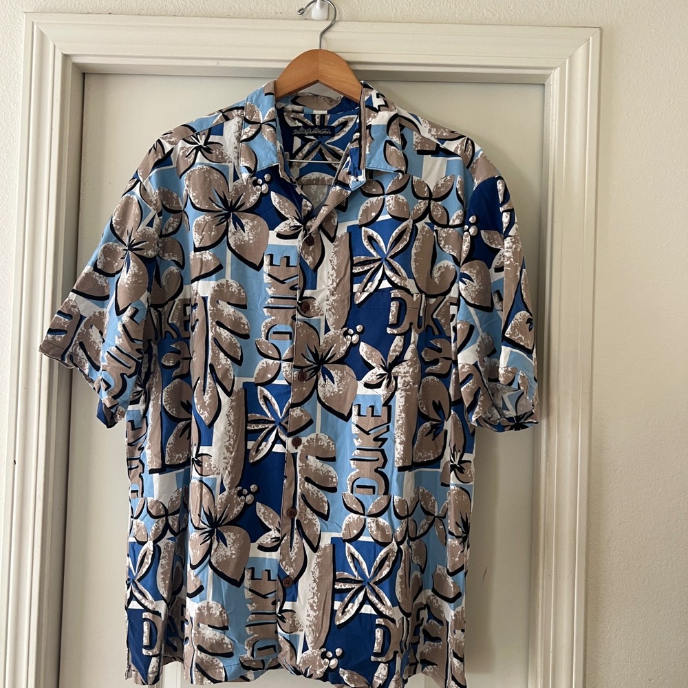 Duke Kahanamoku Mens Blue Tropical Floral Logo Print Short Sleeve Shirt XL